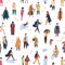 Tiny people in trendy clothes flat vector seamless pattern. Young and old women and men in autumn clothing decorative