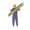 Tiny person holding big green asparagus stalks. Woman with healthy organic fresh vegetable in hands. Farmer carrying