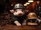 Tiny piglet in firefighter hat Fujifilm camera