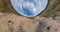 Tiny planet transformation of spherical panorama 360 degrees. Spherical abstract aerial view in field with clear sky and awesome