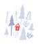 Tiny red cabin in winter forest - hand drawn illustration. Christmas card modern flat design. White snow background with