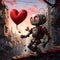 A tiny robot holding a balloon in the shape of a red heart. Heart as a symbol of affection and