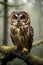 Tiny Saw-Whet Owl perched on tree branch