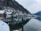 The Tiny Village Of Hallstatt, Austria, And Mountains With Lake.