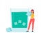 Tiny woman putting ice into summer cocktail flat vector illustration isolated.