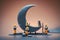 Tiny workers building a crescent moon on Ramadan, Generative ai. Miniature world photography a crew of tiny workers