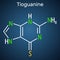 Tioguanine, thioguanine or 6-thioguanine molecule. Structural chemical formula on the dark blue background.