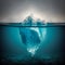 Tip of an iceberg in a icy sea seen from over and under the water. Generative AI