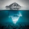 Tip of an iceberg in a icy sea seen from over and under the water. Generative AI