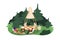 Tipi camping. Friends around fire, relaxing in nature at teepee. People talking at outdoor lounge, campsite. Tourists on
