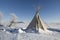 Tipi at the edge of Oceti Sakowin Camp with turtle hill in background, Cannon Ball, North Dakota, USA, January 2017