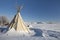 Tipi at the edge of Oceti Sakowin Camp with turtle hill in background, Cannon Ball, North Dakota, USA, January 2017