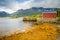 Tipical red fishing houses on fjord, Lofoten islands, Norway