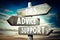 Tips, advice, support - wooden signpost, roadsign with three arrows