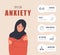 Tips for anxiety. Happy arab woman hugging herself. Mental health concept. Infographic of psychology help. Mood disorder