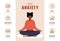 Tips for anxiety. Mental health concept. Happy african woman meditating in lotus position. Infographic of psychotherapy