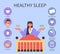 Tips for healthy sleep. Good sleep rules or recommendations, causes of insomnia infographic with tired girl in bed