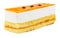 Tiramisu cake with airy creamy yogurt mousse with slices of juicy peach and chocolate decor isolated on white background