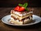 Tiramisu cake on white plate with slices of strawberry and min leaves on it. AI Generated Image