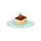 Tiramisu with coffee glaze and two raspberries on top. Appetizing Italian dessert. Sweet food. Colorful flat vector icon