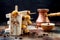 Tiramisu popsicles. Ice pops with italian savoiardi cookies and tiramisu ingredients on rustic kitchen table.