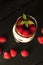 Tiramisu with raspberry in glasses on grey background. Three portion. Italian dessert