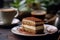 a tiramisu slice set against a blurred backdrop of a traditional Italian café scene.