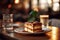 a tiramisu slice set against a blurred backdrop of a traditional Italian café scene.