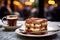 a tiramisu slice set against a blurred backdrop of a traditional Italian café scene.