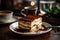 a tiramisu slice set against a blurred backdrop of a traditional Italian café scene.