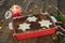 Tiramisu traditional Italian dessert with Christmas decoration and lighted candle. Copy space