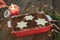 Tiramisu traditional Italian dessert with Christmas decoration and lighted candle. Copy space