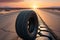 Tire Abandoned on a Desolate Highway - Positioned Upright with Its Tread Facing the Viewer, Distant Horizon