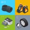 Tire service car auto, repair icons flat set vector isometric illustration. Consumables for car.