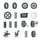 Tire shop concept. Black tire icons set. Service, diagnostics, replacement.