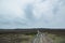 Tire track with puddles in winter heather landscape.