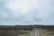 Tire track with puddles in winter heather landscape.