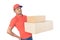Tired delivery man holding carton box in uniform