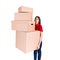 Tired delivery woman is holding a stack of heavy cardboard boxes. Pretty girl is exhausted after hard day isolated on white