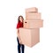 Tired delivery woman is holding a stack of heavy cardboard boxes. Pretty girl is exhausted after hard day isolated on white