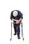 Tired Elderly Man Resting On His Walker Isolated On White