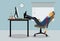 Tired, employees lay their legs up on the desk at the desk in the office. vector