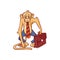 Tired and exhausted monkey in business pants and tie standing with brown leather briefcase and looking forward.