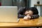 Tired or exhausted young business woman napping on working desk