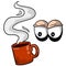 Tired eyes. Insomnia and a red coffee mug. Lack of sleep. Caffeine addiction