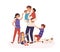 Tired father having many children flat vector illustration. Daddy sitting at home with babies. Tiredness, weariness