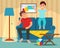 Tired father sitting on the couch next to the jumping son, parenting concept, room interior vector Illustration in flat