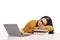 Tired female student lying on a pile of books and working on a laptop computer