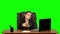 Tired girl with glasses in her hands works at a laptop, then yawn. Green screen