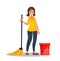 Tired girl washes the floors in the room, household chores. Cleaning of the apartment, putting things in order. Vector